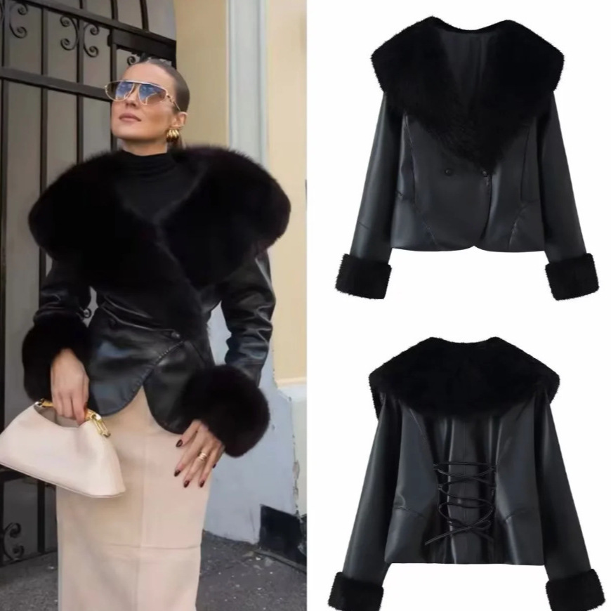Cross-Border European and American Clothing Aliexpress Popular Fur Collar Splicing Leather Long-Sleeved Jacket