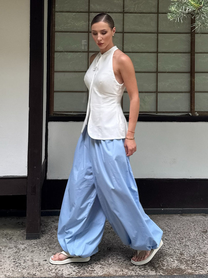 Quần harem ống rộng cotton dáng lửng lưng vừa phong cách đường phố — Màu hồng, Màu kaki, Màu mơ, Màu xanh da trời chi tiết 29