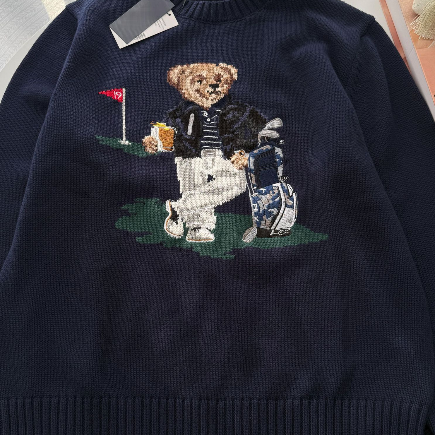 Rl/Scanable 25-Year-Old Men's Bear Autumn and Winter New Knitwear Pure Cotton Heavy Embroider Cartoon Round Neck Knitwear