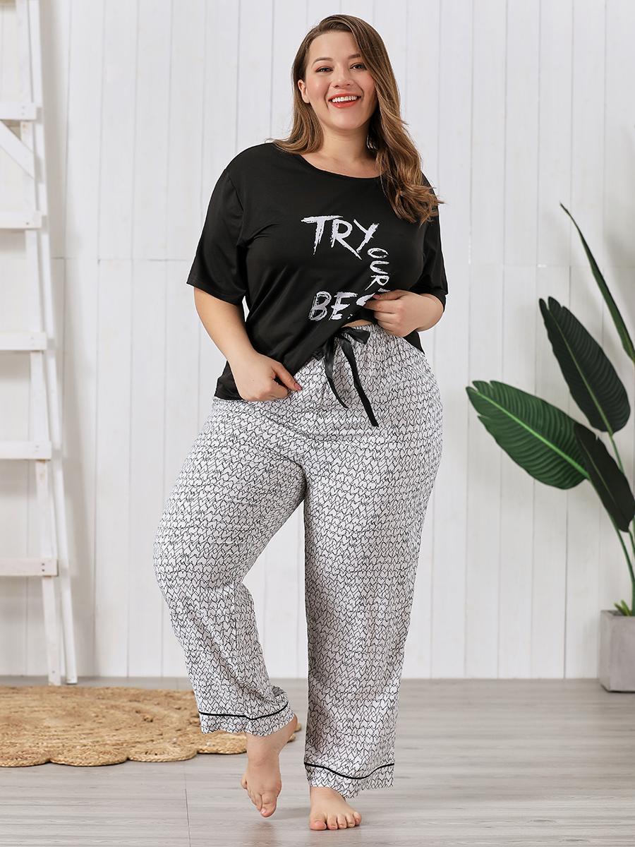 plus size print short sleeve loose round neck two-piece Loungewear-Can be worn outside NSWFC130407