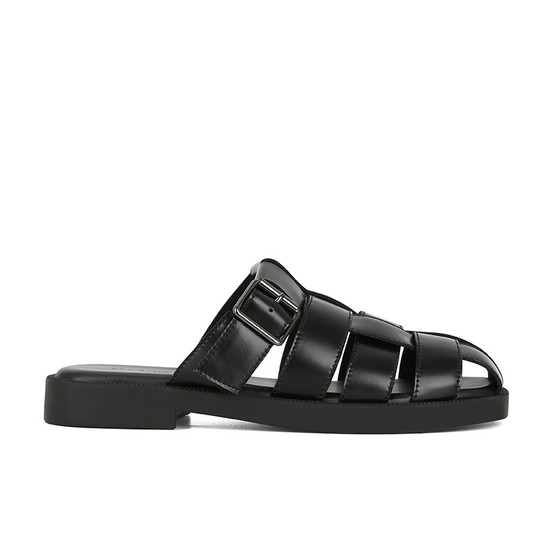 [sheii su] blanda explosión ~ cubierta de cuero real tejido hueco fondo plano sandalias romanas zapatillas de jaula de cerdo