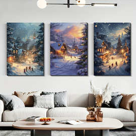 跨境厂家直销圣诞老人家居客厅装饰画餐厅雪景帆布挂画高清画芯