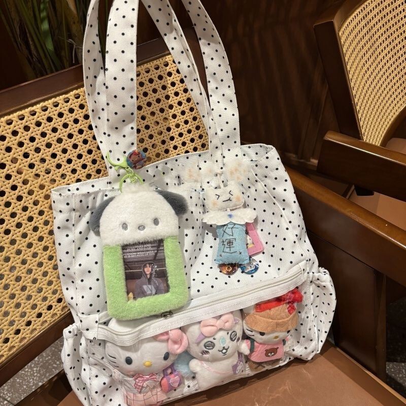 Girly Polka Dot Anime Canvas Bag, Large Capacity Tote Bag, Versatile Shoulder Bag, Commuting Korean Style Bag