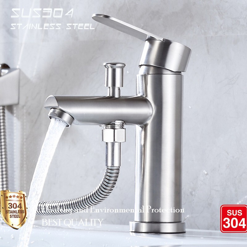 Cross-border 304 stainless steel two-function basin faucet cold and hot lifting basin faucet wash face shower triple faucet
