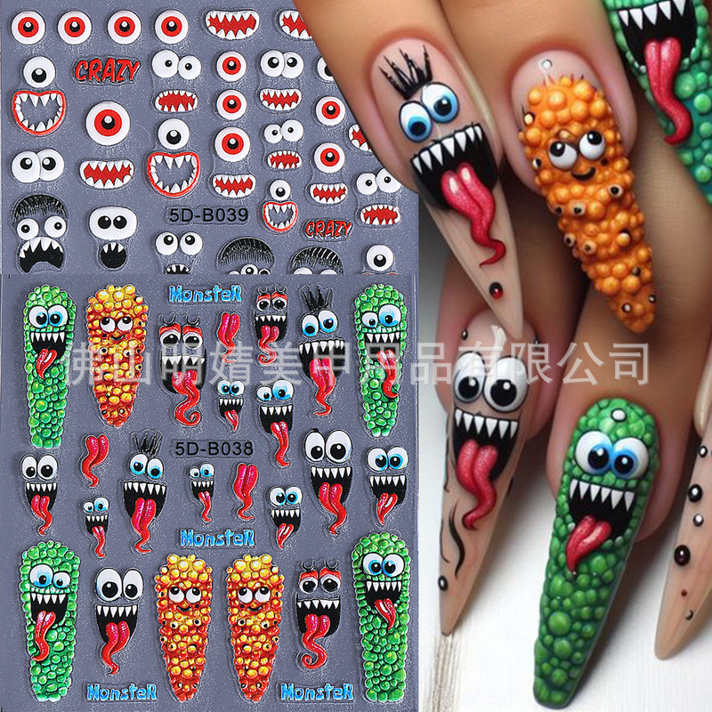New Halloween Embossed Nail Art Stickers Ins Style Cross-Border Halloween Cartoon Monster Stereo 5D Nail Stickers