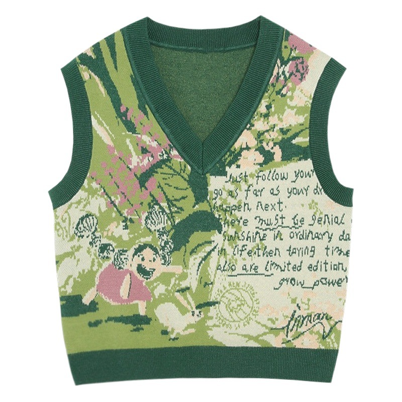 Vintage impreso contraste color V-cuello suéter chaleco para las mujeres 2023 otoño nuevo apilado cálido punto chaleco para las mujeres