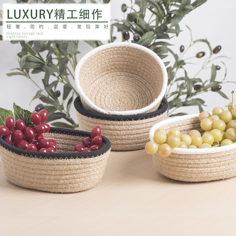 Cesta de almacenamiento redonda de cuerda de lino trenzada nórdica bocadillos cosméticos joyas de escritorio de almacenamiento de cuerda de lino cesto de acabado