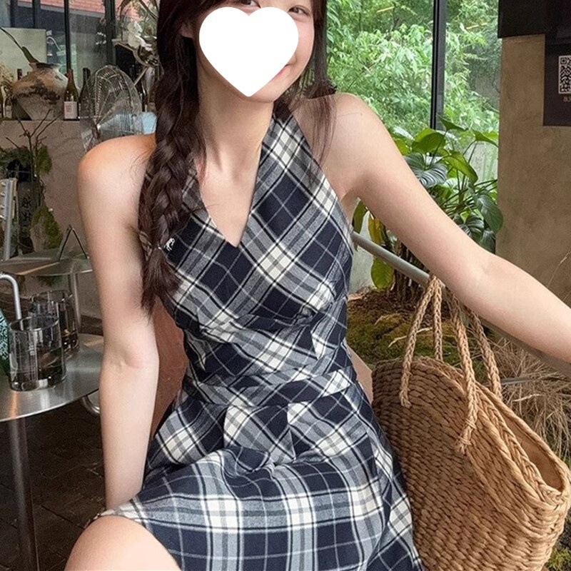 Retro Plaid Halter Neck Dress for Women, Summer Sexy V-Neck Slimming Short Dress for Petite Girls Retro Plaid Halter Neck Dress for Women, Summer Sexy V-Neck Slimming Short Dress for Petite Girls