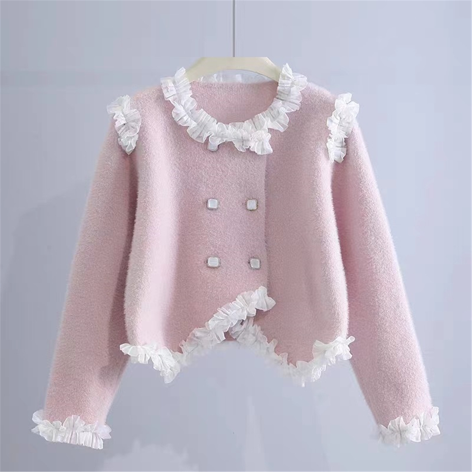 24 invierno Puyuan encantador viento fresco dulce imitación de cardigán de visón cuello redondo suelto camisa de estilo de mujer
