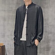 北疆狼春秋男中国风长袖仿天丝牛仔衬衣立领盘扣大码唐装汉服中山