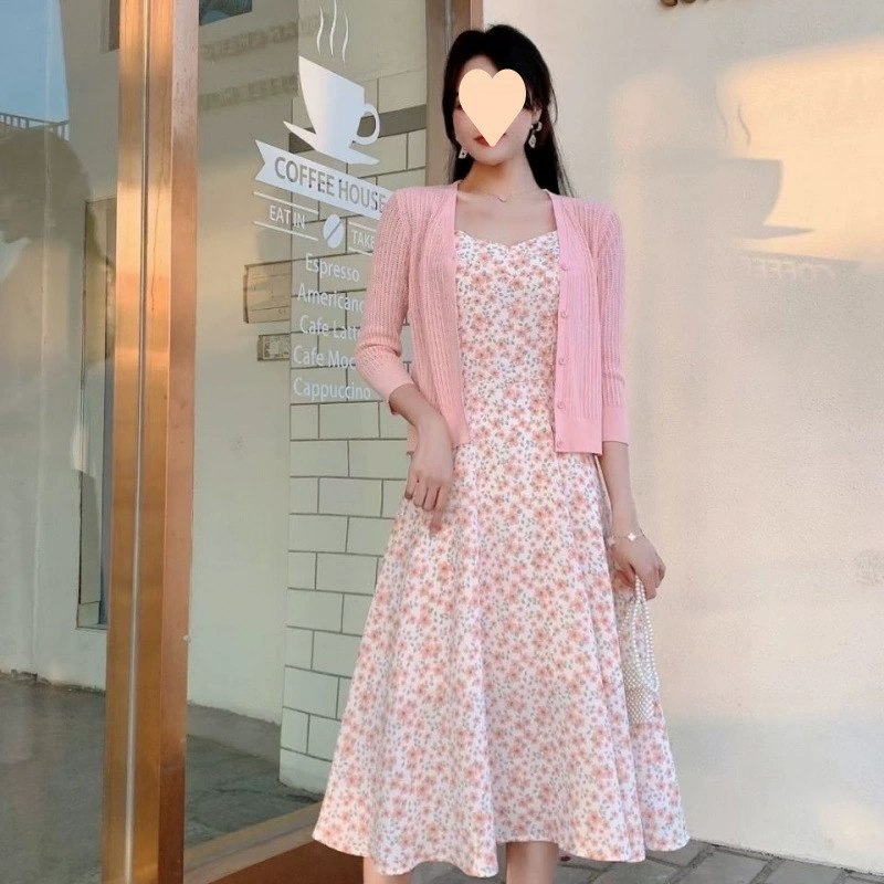 Юбка-подвязка с цветочным принтом, новая модель весна-лето 2025, омолаживающая, свежая юбка и модный вязаный кардиган, комплект из двух предметов