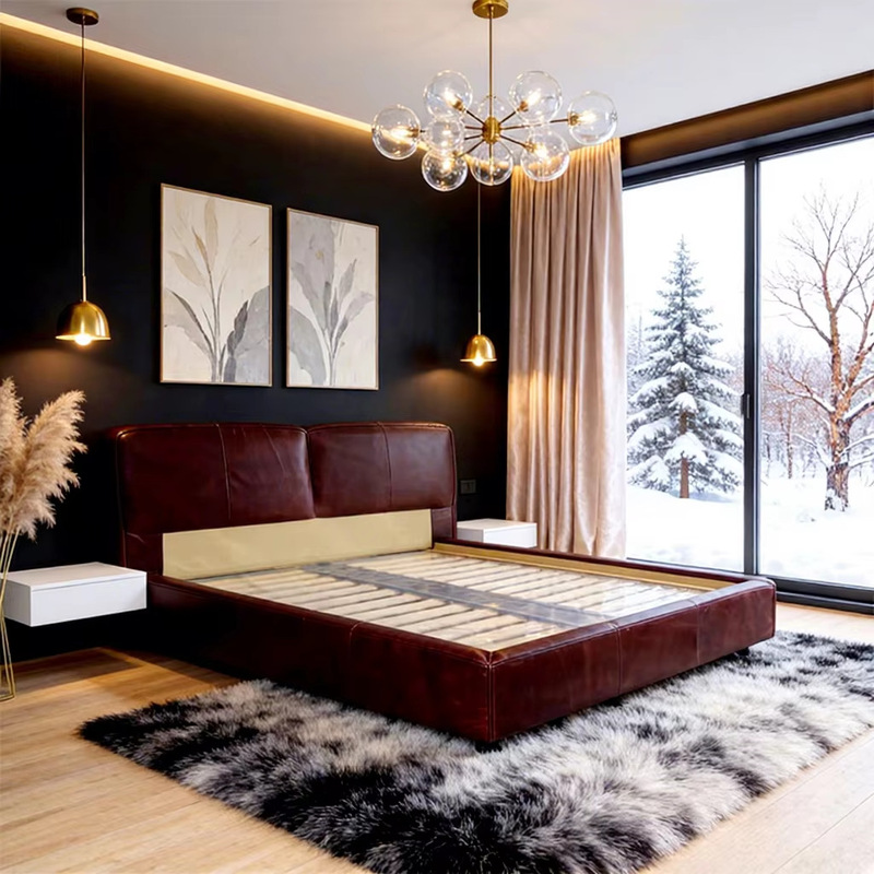 Luxury Genuine Leather Large Size Bed with Coffee-Colored Vintage Headboard and Frame, American Vintage Loft Bedroom Furniture