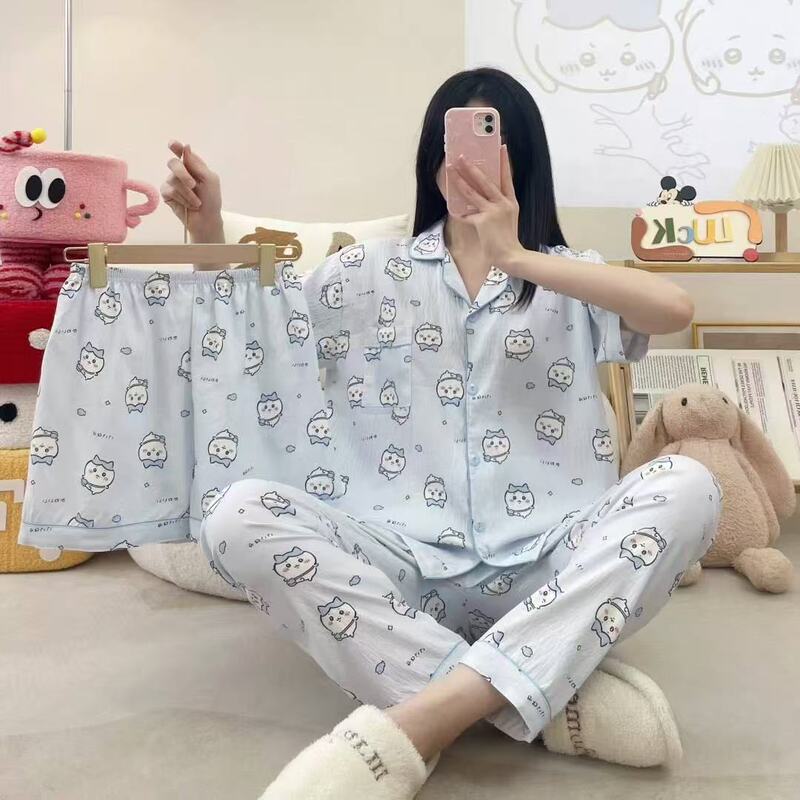 日韩网红直播云朵棉睡衣女士三件套卡通印花翻领春夏季家居服套装|undefined