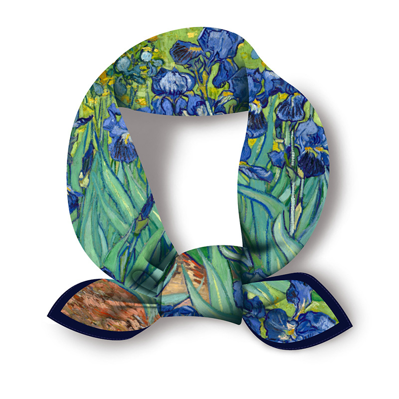 Van Gogh pintura al óleo flor artística pequeña bufanda cuadrada nueva 53cm de seda artificial de las mujeres bufanda decorativa bufanda de doble uso