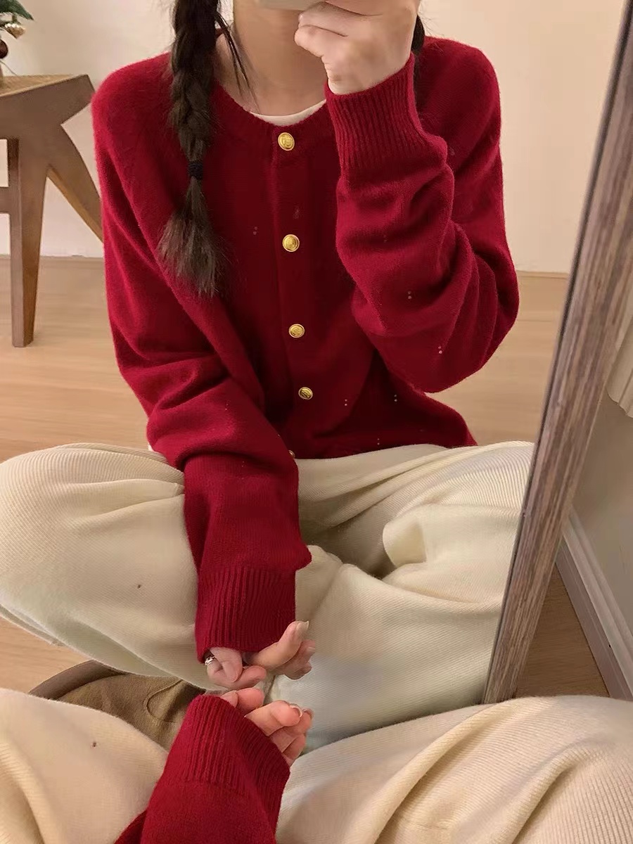 (2개) 여성 가을 ??겨울 아우터 너구리 벨벳 스웨터 재킷 탑을 위한 한국식 게으른 고급 레드 니트 가디건