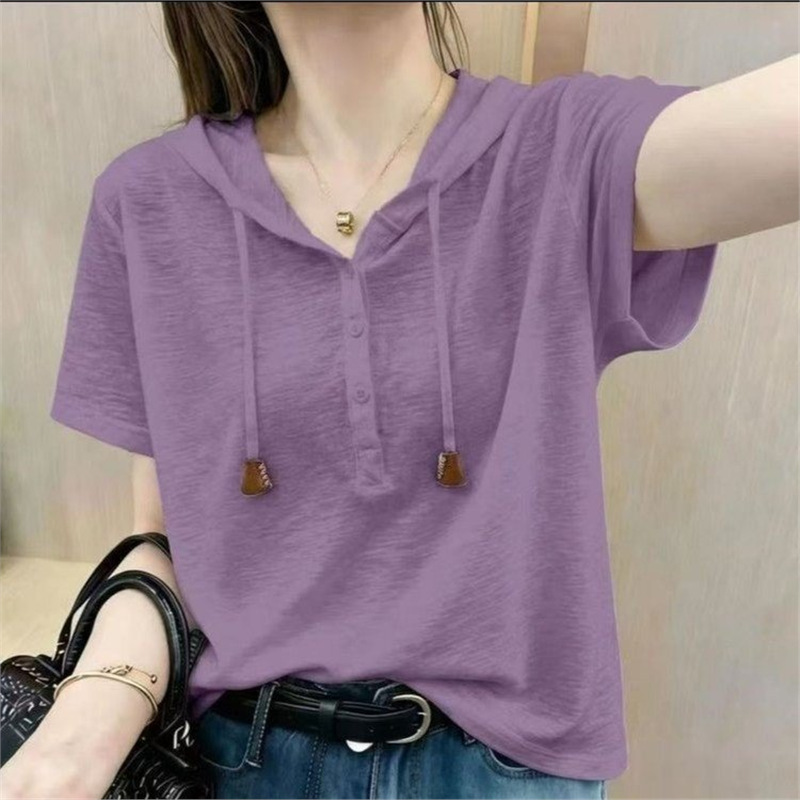 Popular Bamboo Cotton Solid Color Oversized Loose Hooded Short-Sleeve T-Shirt 2026 Summer New Fashion Casual Top for Women