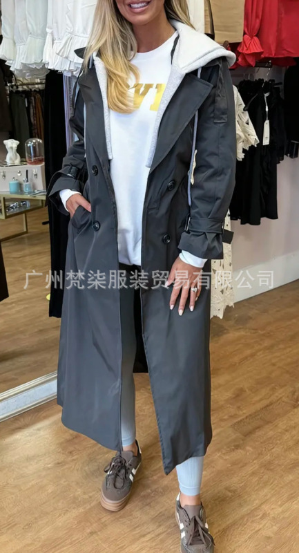 现货欧美2025秋冬亚马逊跨境新款连帽翻领假两件休闲长款风衣外套|undefined