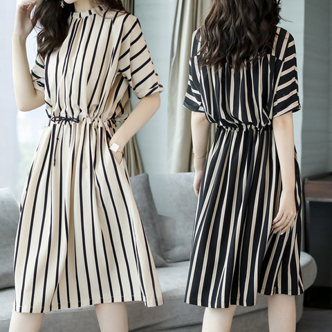 Summer 2025 New Korean Style Waist-Cinching Elegant Fashion Casual Loose Mid-Length Stripesd Dress Women's Export Summer 2025 New Korean Style Waist-Cinching Elegant Fashion Casual Loose Mid-Length Stripesd Dress Women's Export