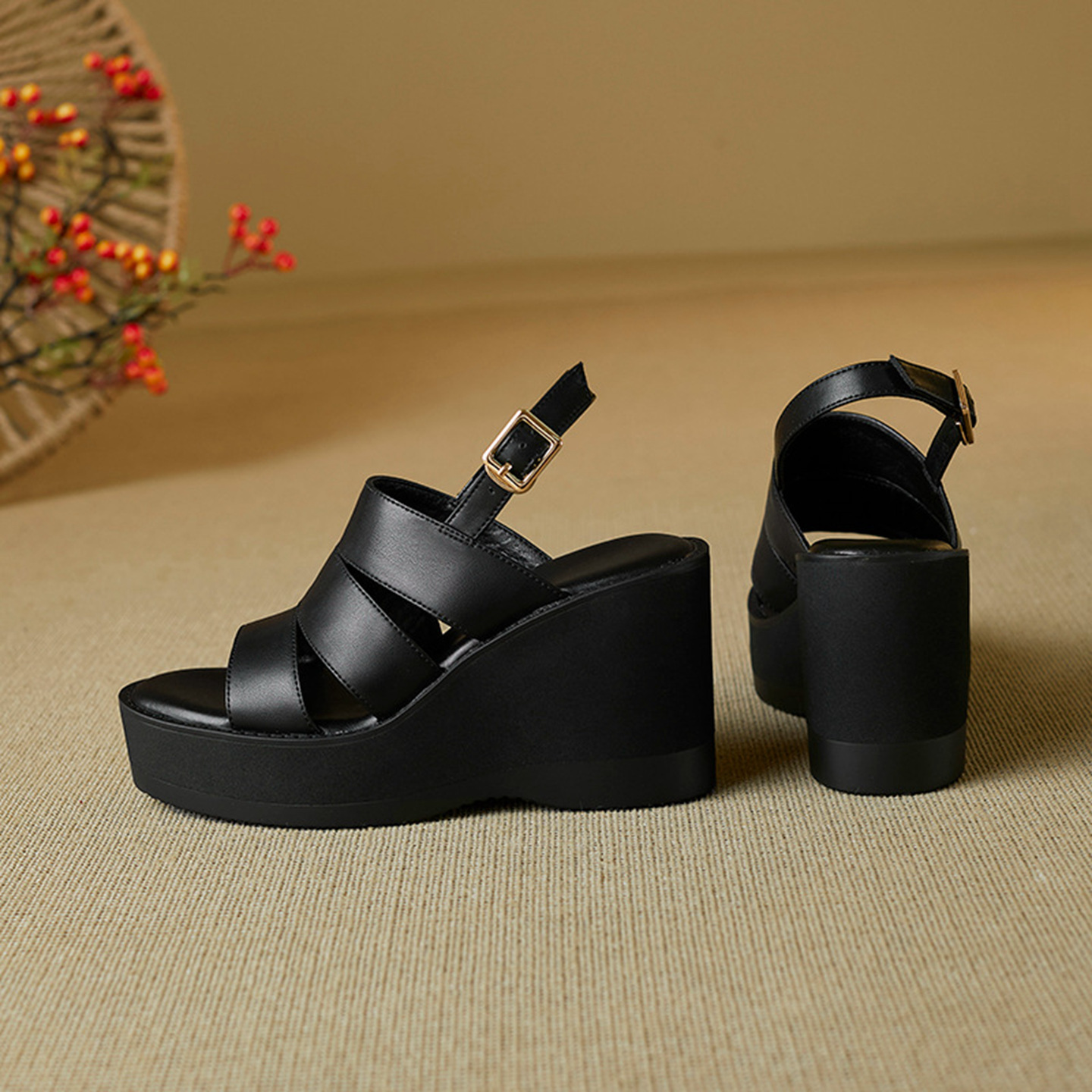 Sandal nữ mũi nhọn gót xuồng đế dày phong cách La Mã quai một dây — đen
