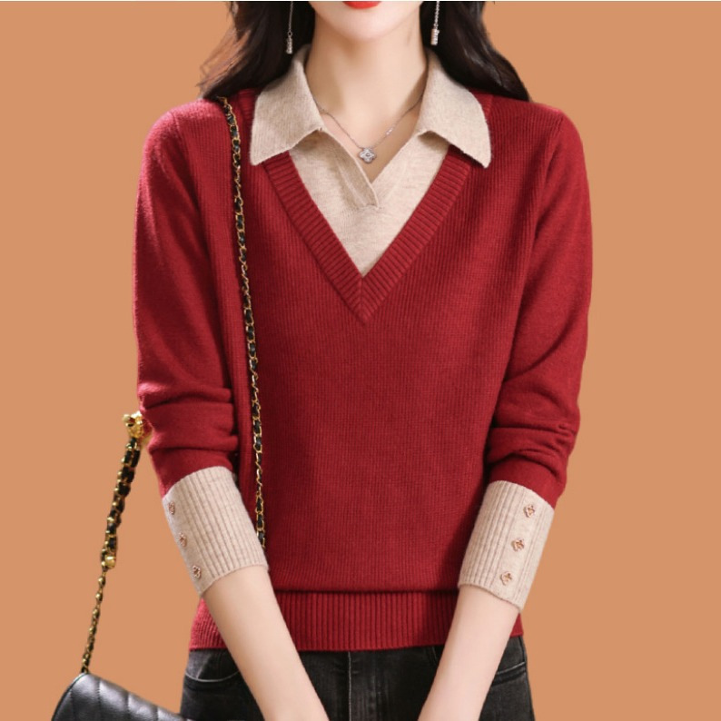 European station two-piece woolen sweater women's autumn and winter color matching Western style bottoming sweater pullover loose knitted cashmer_voghion.com