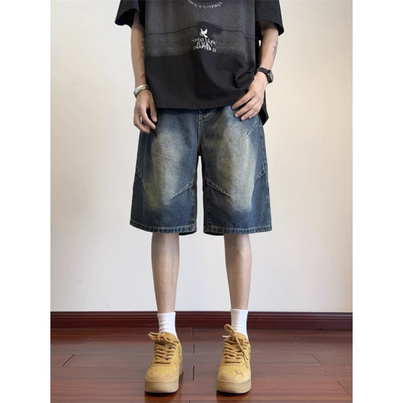 American-Style Pleated Washed Denim Shorts for Men, 2026 Summer New Trendy Brand Loose Wide-Leg Five-Point Pants