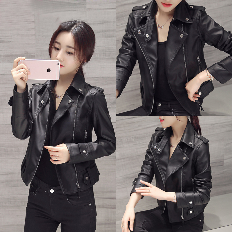 2026 Spring and Autumn New Slim Fit Lapel Leather Jacket Women's Short Coat Women's Pu Jacket Motorcycle Jacket Korean Style Women's Clothing