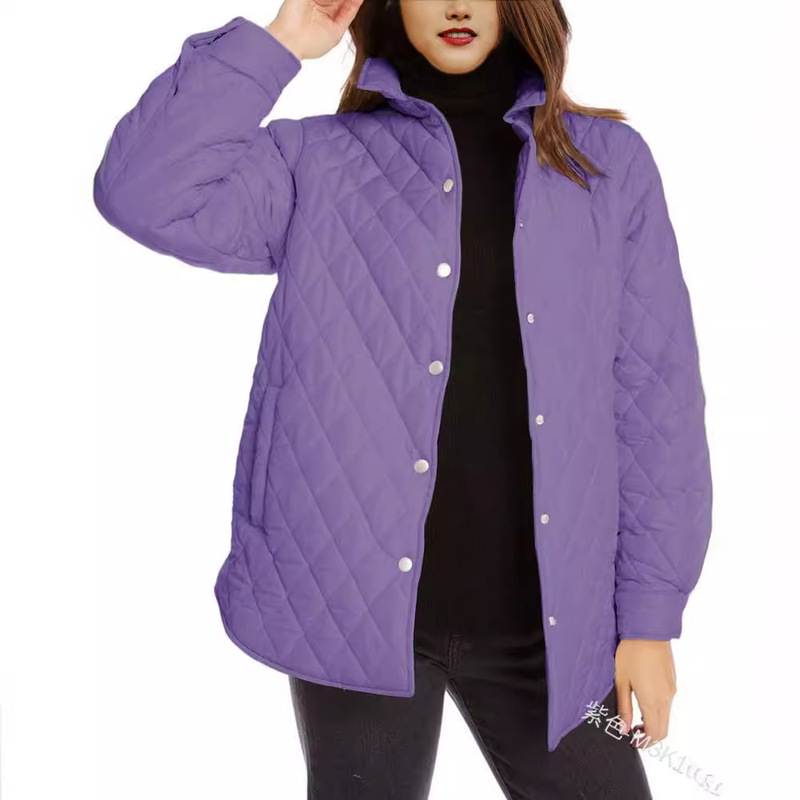 Cross-border European and American Amazon stand-collar rhombus pocket jacket lightweight quilted jacket long-sleeved single-breasted cotton-padded jacket for women