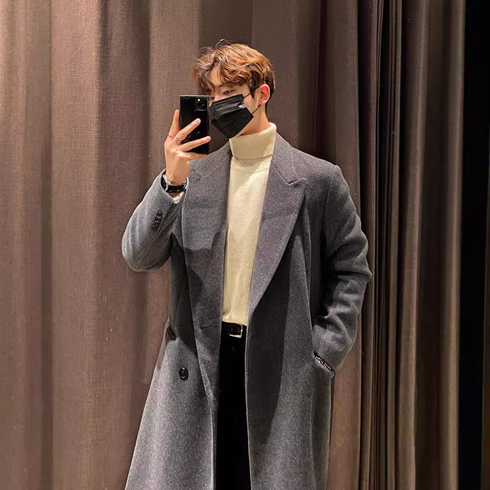 Men's winter windproof thickened long trench coat, Korean style casual trendy woolen coat, solid color