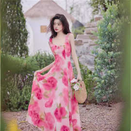实拍 花瓣方领无袖吊带裙浪漫粉色玫瑰花大摆度假仙女连衣裙