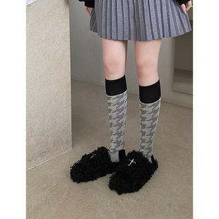 Ins South Korea Dongdaemun Spring and Autumn Houndstooth Color-matching Small Leg Socks Internet Celebrity Knee-long Socks Combed Cotton High Quality
