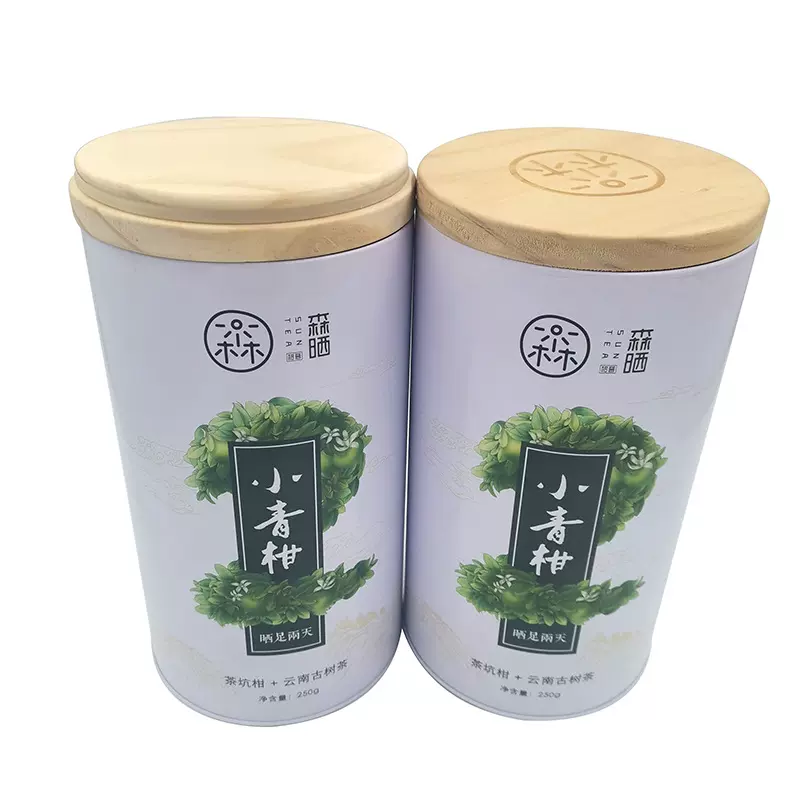 圆形小青柑木头铁罐 硅胶密封圈竹质盖铁盒250g白色茶叶铁盒定做