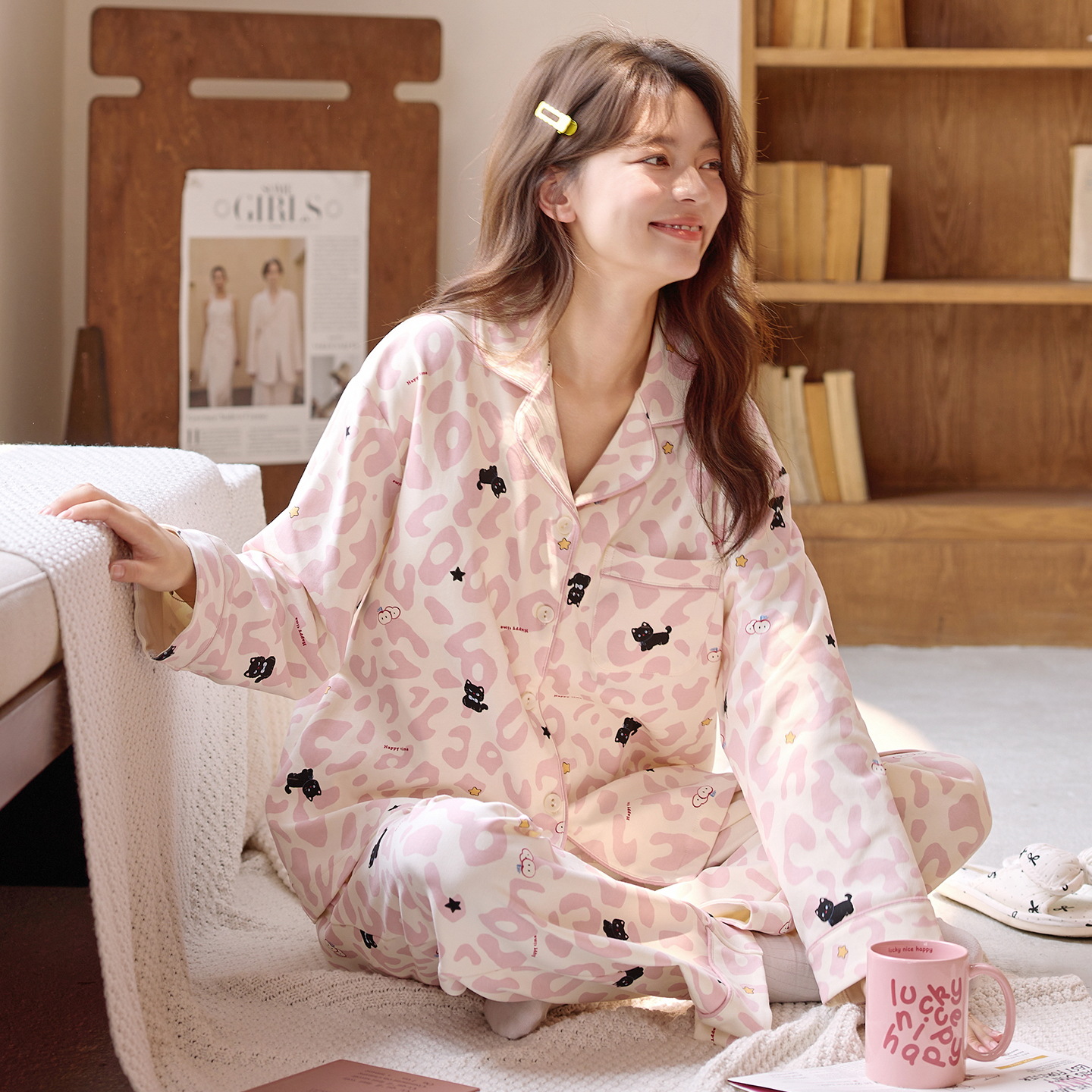 2025秋冬季睡衣女士开衫纯棉长袖长裤套装卡通甜美可爱少女家居服