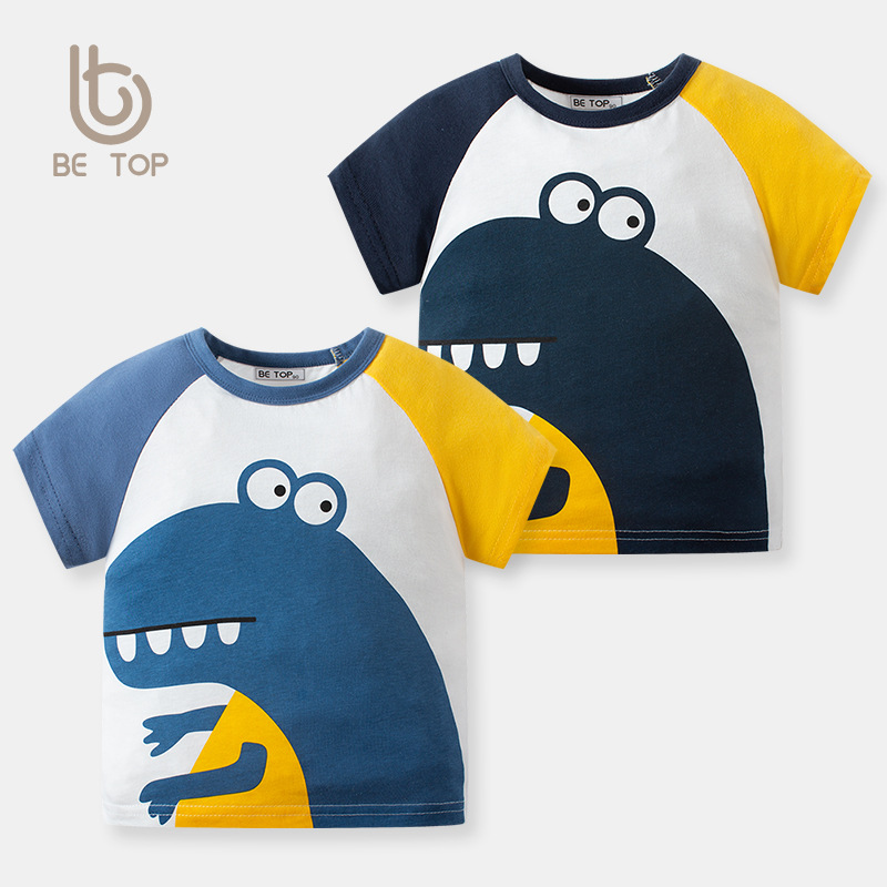 Ropa para niños nueva camiseta de manga corta para niños estilo coreano verano dibujos animados dinosaurio bebé manga niños algodón verano cuello redondo