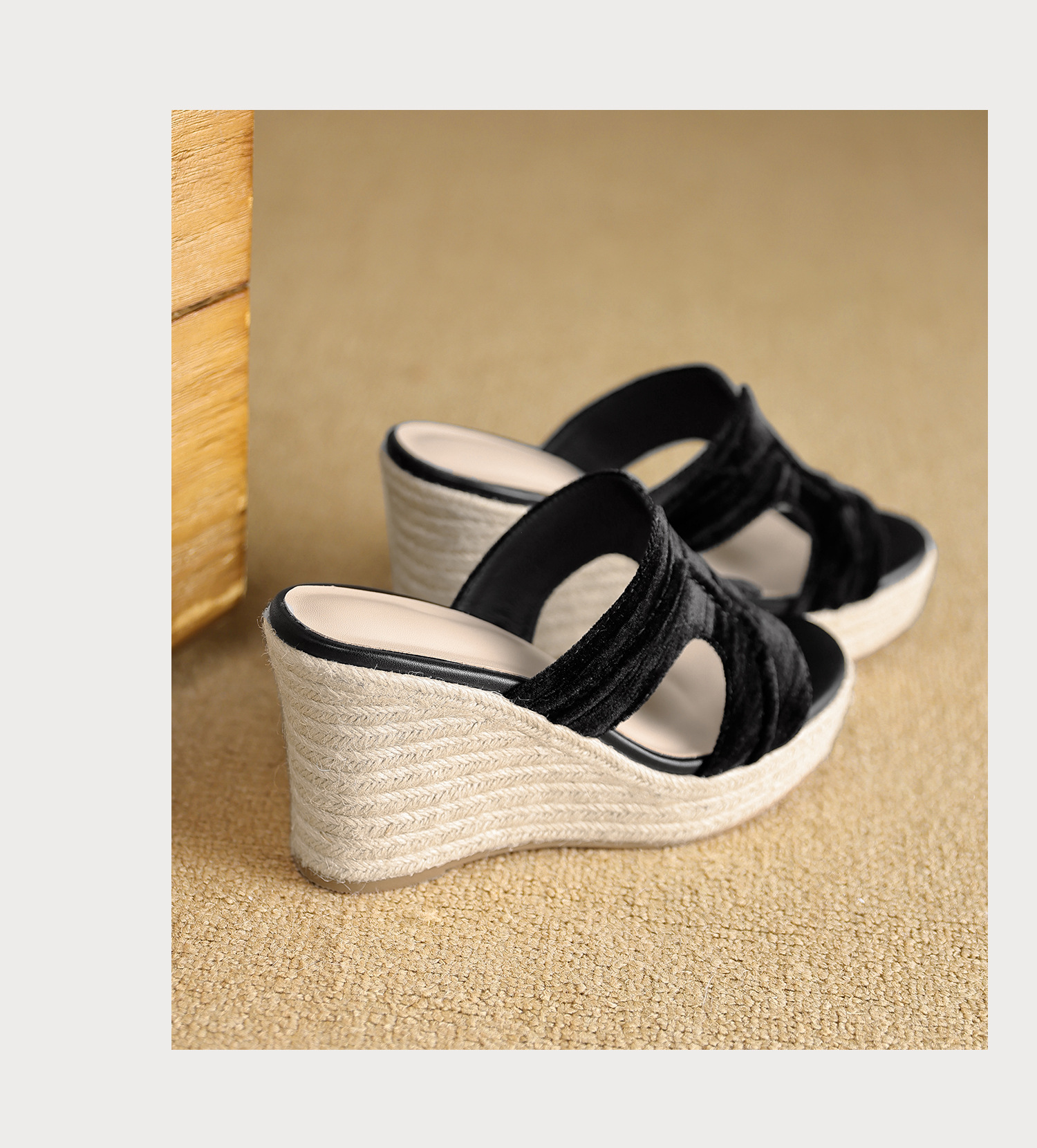 Sandal cao gót nữ đế xuồng phong cách Bohemian, quai ngang đan mây, gót 9 cm — màu đen, màu mơ chi tiết 21