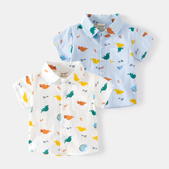 Comfortable casual style cartoon pattern cotton boys' shirt 2023 fashionable moisture-wicking lapel button-down short sleeves