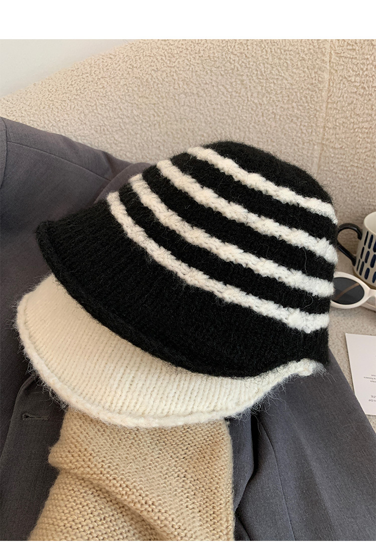 Cappello da pescatore in peluche retrò a righe in stile giapponese per donna, autunno e inverno, caldo, versatile, a tesa larga, snellente per il viso_voghion.com
