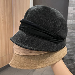 法式优雅复古黑色羊毛呢翻边卷边盆帽女秋冬英伦日系宽檐赫本礼帽
