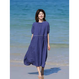 夏季宽松大码轻薄透气高端苎麻袍子款文艺连衣裙遮肉中长