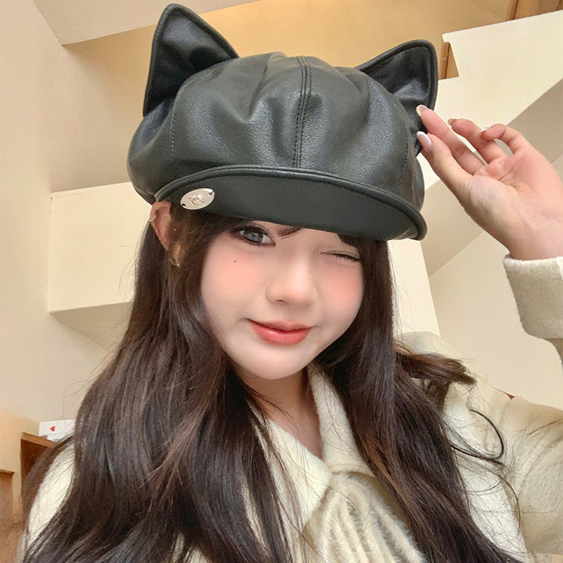 小众设计猫耳朵黑色贝雷帽女甜美可爱百搭大头围八角云朵报童帽子|undefined