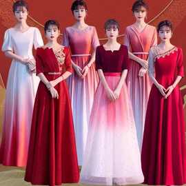 新款大合唱团演出服女长裙红歌比赛服装红色朗诵指挥主持人晚礼服