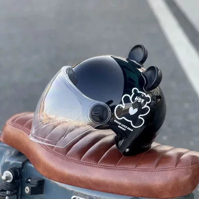 safety helmet, Motosiklet kaskı (dəbilqə) - white-bear-black-high-definition-transparent-long-lenses-ears-3c-certified-rainproof-one-size-fits-all-unisex-head-circumference-53-60cm