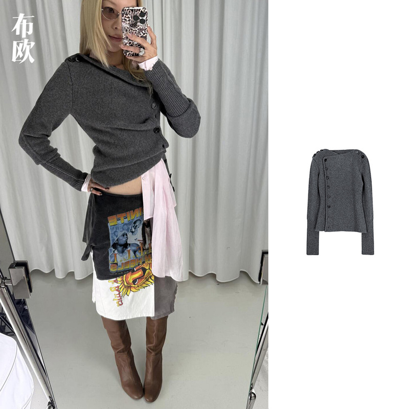 "Original 100% Wool Fabric" Nanyou Women's Wholesale Niche Design Asymmetrical Button Knitted Cardigan