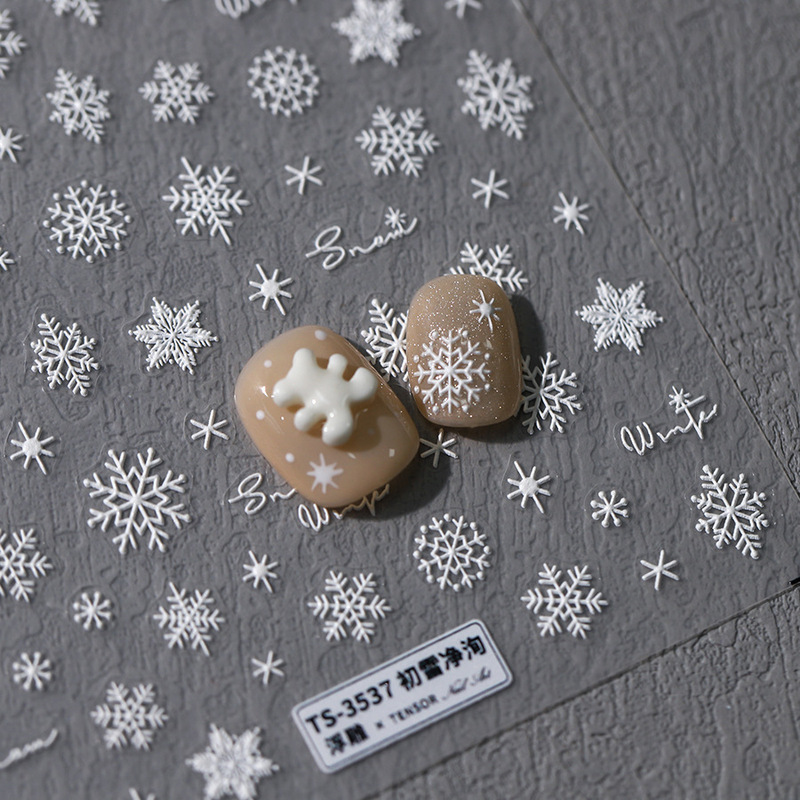 Embossed White Snowflake Christmas Nail Art Stickers 3D Stereo Elk Snowman Bell Versatile Decal Adhesive Nail Stickers