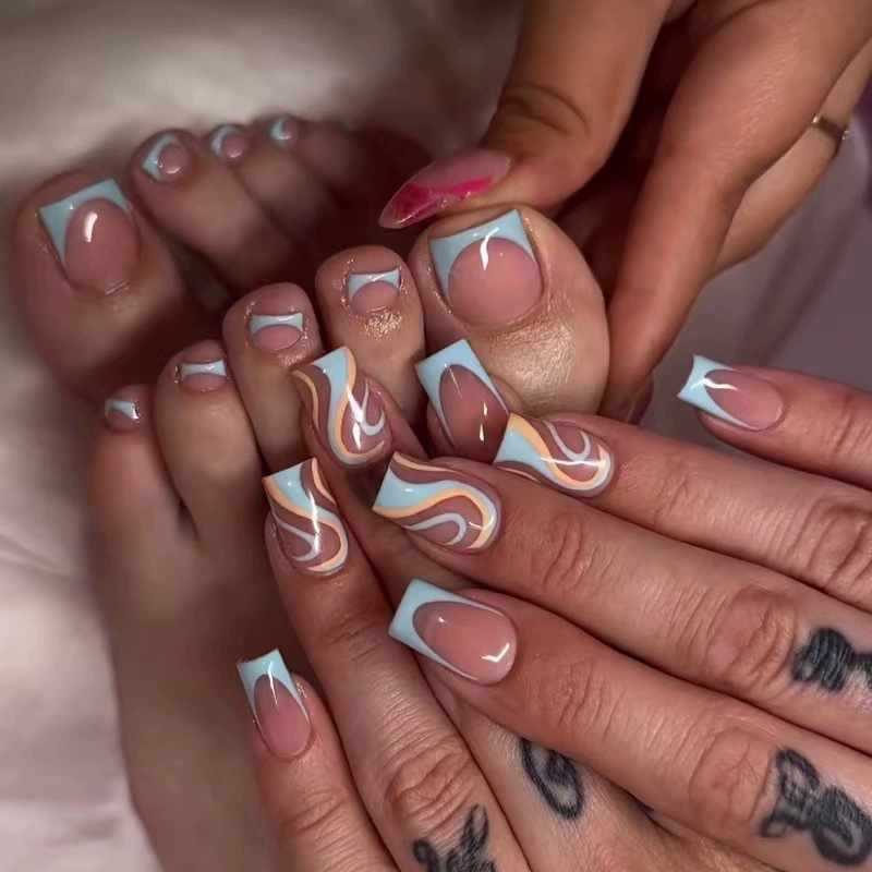 Cross-Border Hot-Selling Hand and Foot Set 48 Pieces Abstract Line Blue Gradient Nail Polish Wearable Nail Manufacturer Wholesale Cross-Border Hot-Selling Hand and Foot Set 48 Pieces Abstract Line Blue Gradient Nail Polish Wearable Nail Manufacturer Wholesale