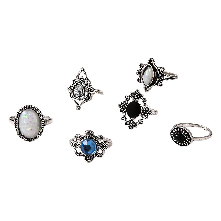 Cross-border Hot Sale Amethyst Ring Vintage Opal Zircon Hollow Pattern Black Gem Combination 7 Piece Set Ring