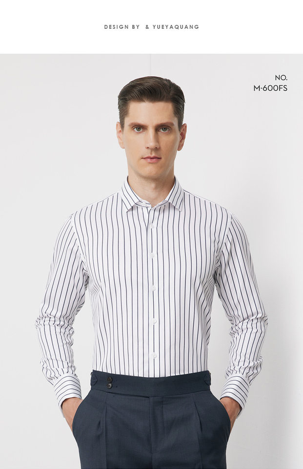 Áo sơ mi nam dài tay cotton sọc không cần ủi, cổ vuông, phong cách công sở trang trọng — Tay áo xếp chồng sọc kiểu Pháp chi tiết 21