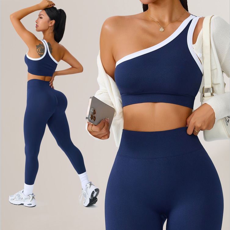 Cross-Border European Size Yoga Set Sports One-Shoulder Beautiful Back Bra Pilates Fitness Outdoor Tight-Fitting Sports Set