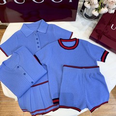 在庫あり 25春夏新作子供親子春夏アイスシルクニットウエスタンスタイルスリムラウンドネックカラーブロック半袖トップス+