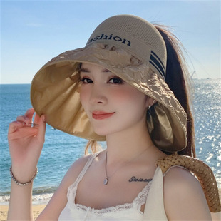 Sun hat women's summer outdoor letter big brim empty top hat black glue breathable sun hat all-match face-covering sun hat