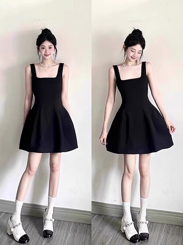 黒の U ネックサスペンダードレス女性の夏の 2025 新しいノースリーブベストドレス美しいピンチウエスト誕生日スカート|undefined